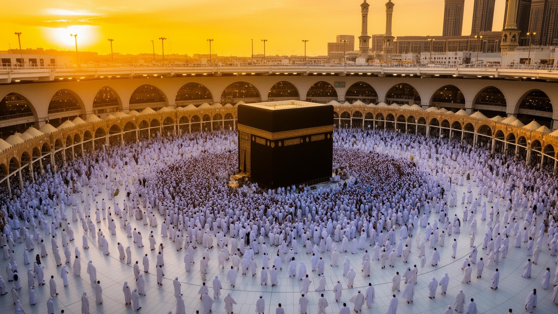 The Holy Kaaba in Masjid al-Haram, Makkah at sunset